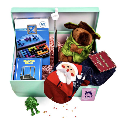 Подарунковий набір для хлопців (шкарпетки, брелок Капібара, указка палець, маятник кулі Ньютона, Настільна IQ-гра, 3D ялинка)