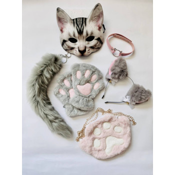 Набір для квадробіки (маска, лапки, вушка, хвіст на карабіні, чокер, сумка) Сіро-рожевий