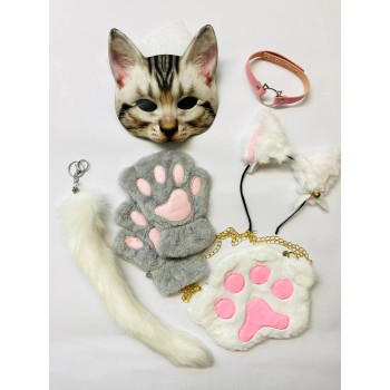 Набір для квадробіки (маска, лапки, вушка, хвіст на карабіні, чокер, сумка) Біло-сірий