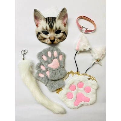 Набір для квадробіки (маска, лапки, вушка, хвіст на карабіні, чокер, сумка) Біло-сірий