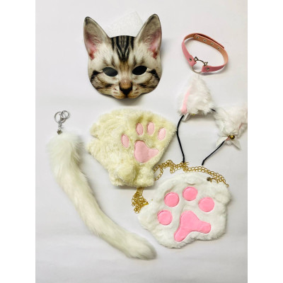 Набір для квадробіки (маска, лапки, вушка, хвіст на карабіні, чокер, сумка) Біло-рожевий