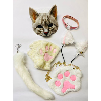 Набір для квадробіки (маска, лапки, вушка, хвіст на карабіні, чокер, сумка) Біло-рожевий