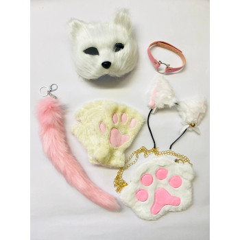 Набір для квадробіки (маска, лапки, вушка, хвіст на карабіні, чокер, сумка) Біло-рожевий