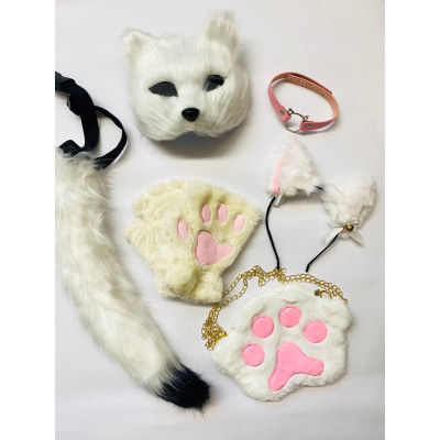 Набір для квадробіки (маска, лапки, вушка, хвіст на ремінці, чокер, сумка) Біло-рожевий