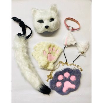 Набір для квадробіки (маска, лапки, вушка, хвіст на ремінці, чокер, сумка) Біло-сірий