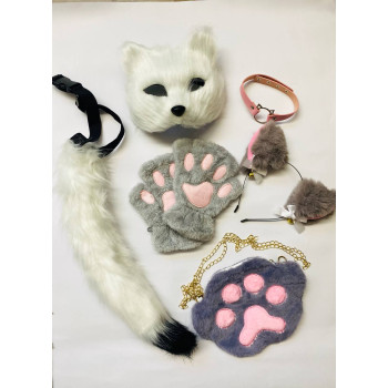 Набір для квадробіки (маска, лапки, вушка, хвіст на ремінці, чокер, сумка) Біло-сірий