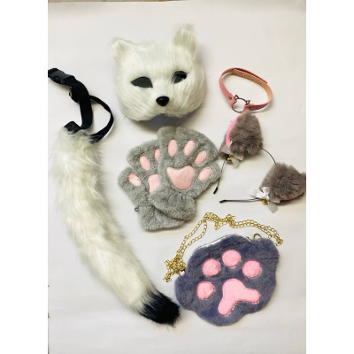 Набір для квадробіки (маска, лапки, вушка, хвіст на ремінці, чокер, сумка) Біло-сірий