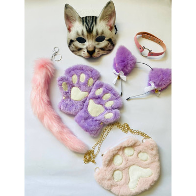 Набір для квадробіки (маска, лапки, вушка, хвіст на карабіні, чокер, сумка) Рожево-фіолетовий