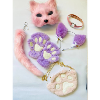 Набір для квадробіки (маска, лапки, вушка, хвіст на карабіні, чокер, сумка) Рожево-фіолетовий