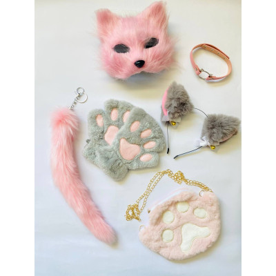 Набір для квадробіки (маска, лапки, вушка, хвіст на карабіні, чокер, сумка) Рожево-сірий