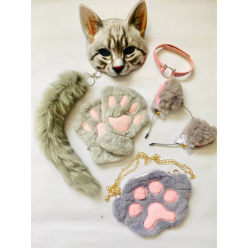 Набір для квадробіки (маска, лапки, вушка, хвіст на карабіні, чокер, сумка) Сіро-рожевий