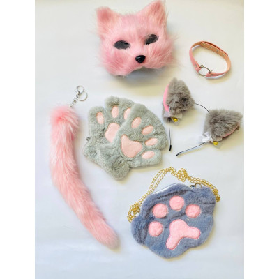 Набір для квадробіки (маска, лапки, вушка, хвіст на карабіні, чокер, сумка) Рожево-сірий