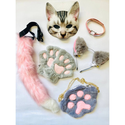 Набір для квадробіки (маска, лапки, вушка, хвіст на ремінці, чокер, сумка) Сіро-рожевий