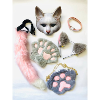 Набір для квадробіки (маска, лапки, вушка, хвіст на ремінці, чокер, сумка) Сіро-рожевий