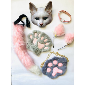 Набір для квадробіки (маска, лапки, вушка, хвіст на ремінці, чокер, сумка) Сіро-рожевий