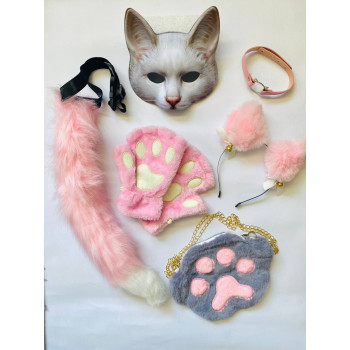 Набір для квадробіки (маска, лапки, вушка, хвіст на ремінці, чокер, сумка) Сіро-рожевий