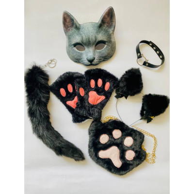 Набір для квадробіки (маска, лапки, вушка, хвіст на карабіні, чокер, сумка) Чорний