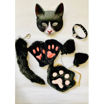 Набір для квадробіки (маска, лапки, вушка, хвіст на карабіні, чокер, сумка) Чорний