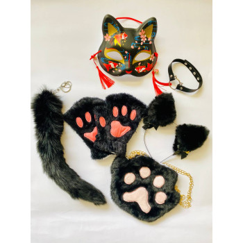 Набір для квадробіки (маска, лапки, вушка, хвіст на карабіні, чокер, сумка) Чорний