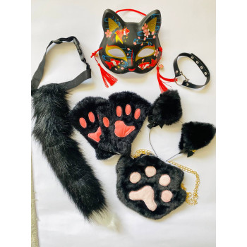 Набір для квадробіки (маска, лапки, вушка, хвіст на ремінці, чокер, сумка) Чорний