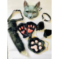 Набір для квадробіки (маска, лапки, вушка, хвіст на ремінці, чокер, сумка) Чорний