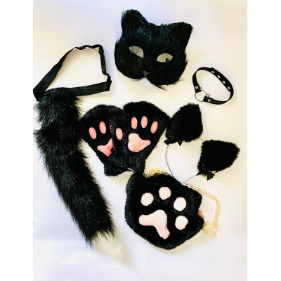 Набір для квадробіки (маска, лапки, вушка, хвіст на ремінці, чокер, сумка) Чорний