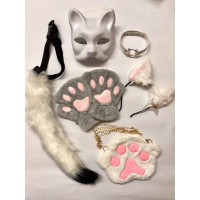 Набір для квадробіки (маска, лапки, вушка, хвіст на ремінці, чокер, сумка) Біло-сірий