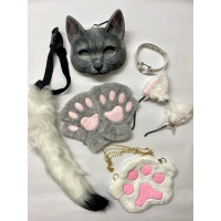 Набір для квадробіки (маска, лапки, вушка, хвіст на ремінці, чокер, сумка) Біло-сірий