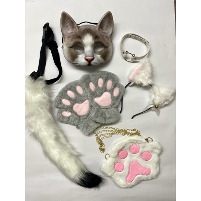 Набір для квадробіки (маска, лапки, вушка, хвіст на ремінці, чокер, сумка) Біло-сірий