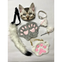 Набір для квадробіки (маска, лапки, вушка, хвіст на ремінці, чокер, сумка) Біло-сірий