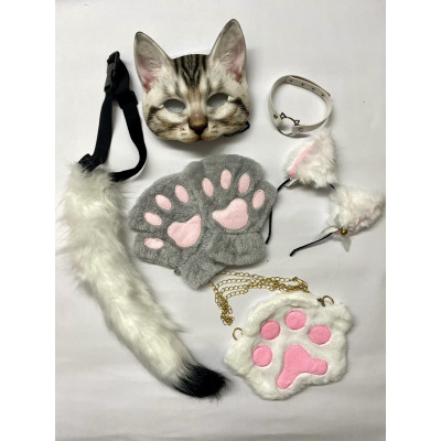 Набір для квадробіки (маска, лапки, вушка, хвіст на ремінці, чокер, сумка) Біло-сірий