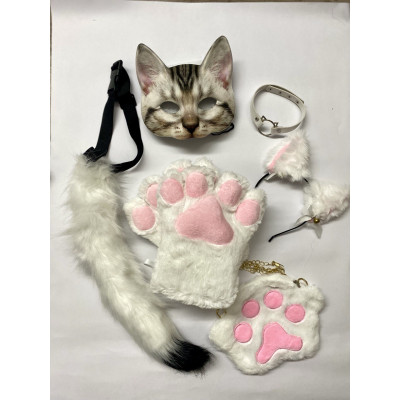 Набір для квадробіки (маска, великі лапки, вушка, хвіст на ремінці, чокер, сумка) Білий