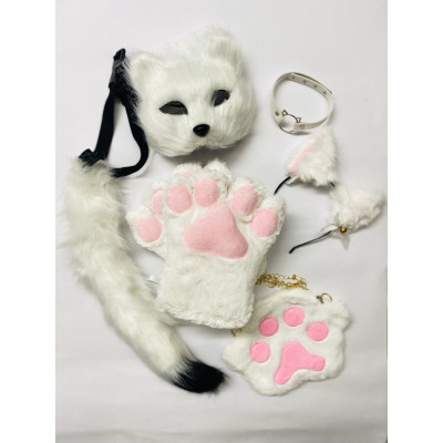 Набір для квадробіки (маска, великі лапки, вушка, хвіст на ремінці, чокер, сумка) Білий