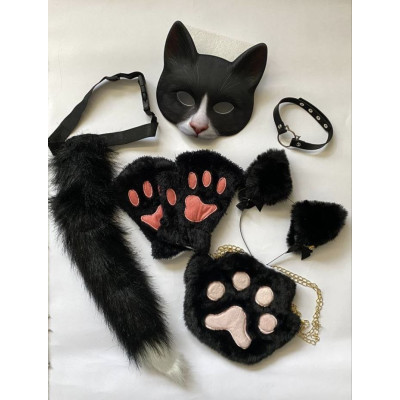Набір для квадробіки (маска, лапки, вушка, хвіст на ремінці, чокер, сумка) Чорний