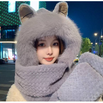 Шапка шарф Лисичка Сіра з подовженим шарфом та рукавичками