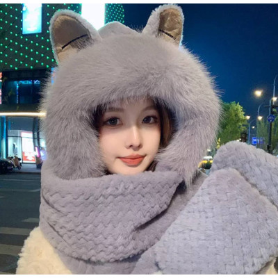 Шапка шарф Лисичка Сіра з подовженим шарфом та рукавичками