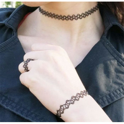 Набір прикрас у стилі тату (каблучка, браслет, чокер) Чорний