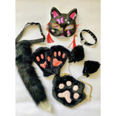 Набір для квадробіки (маска, лапки, вушка, хвіст на ремінці, чокер, сумка) Чорний