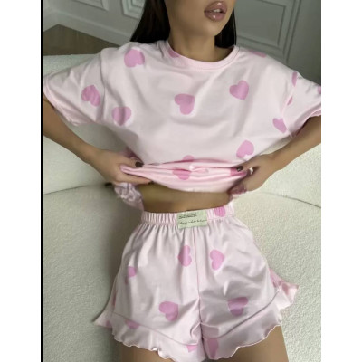 Легка піжама із серденьками (Футболка+Шорти) Рожевий