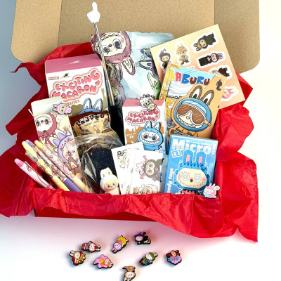 Подарунковий набір Лабубу Labubu (іграшка, брелоки, блокнот, тату, стікери, значки, сквіш, указка)