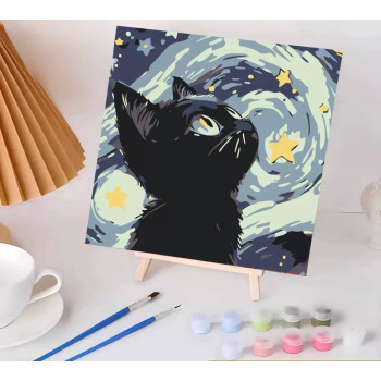 Картина за номерами чорний кіт, з мольбертом