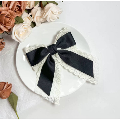 Заколка-Бант з атласної стрічки та мережива, чорний