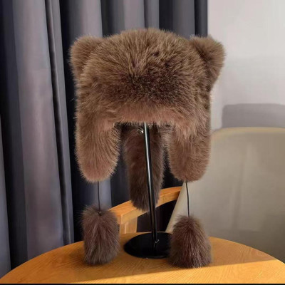 Пухнаста шапка з вушками та хвостиком, коричнева