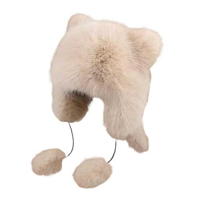 Пухнаста шапка з вушками та хвостиком, бежева