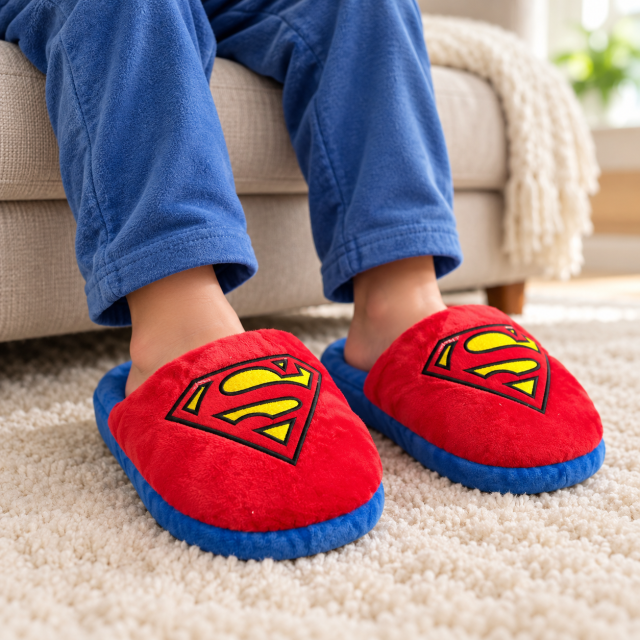 Домашні капці Супермен,тапочки Superman м’які плюшеві, червоно-сині з емблемою 