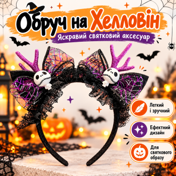 Обруч на Хелловін для дівчинки з черепами, павутиною та фіолетовими ріжками