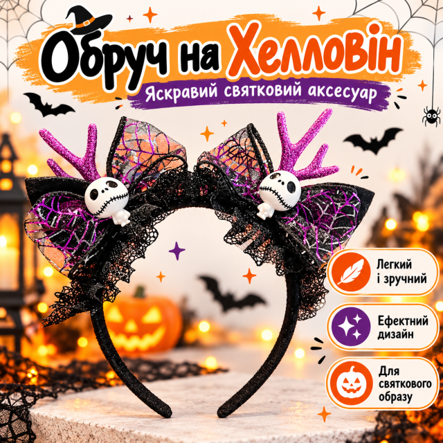 Обруч на Хелловін для дівчинки з черепами, павутиною та фіолетовими ріжками