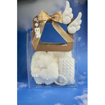 Подарунковий набір у білих кольорах (мітенки, брелок, тримач-присоска, підвіска для телефона, заколки, резинки-пружинки)