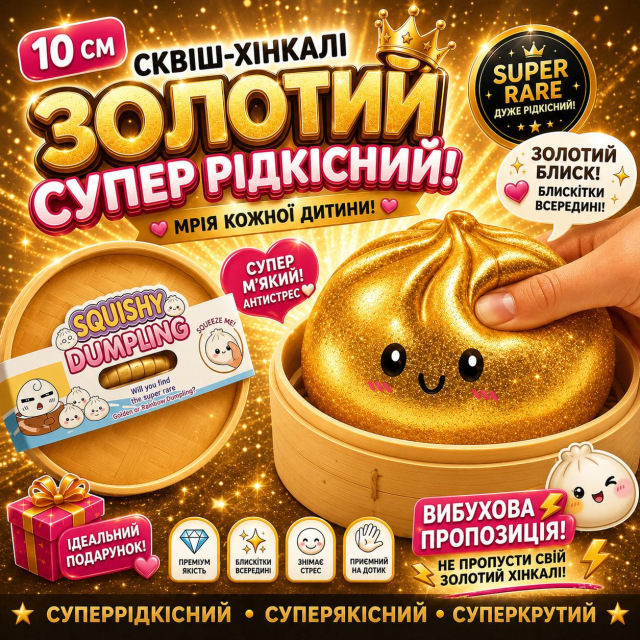Самий легендарний, золотий Великий сквіш Хінкалі в пароварці, з блискітками в середині Dumpling, Дамплінг пельмень, 1 шт.