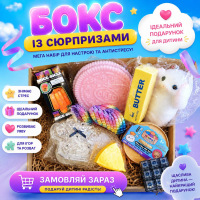 Подарунковий набір антистрес-іграшок Mega Box: Сквіш Котик, сквіш Орео, Масло, велика таба Лапка, сквіш сир, 3Д іграшка, морозиво,кейкап-клікер, Хінкалі, 9 од